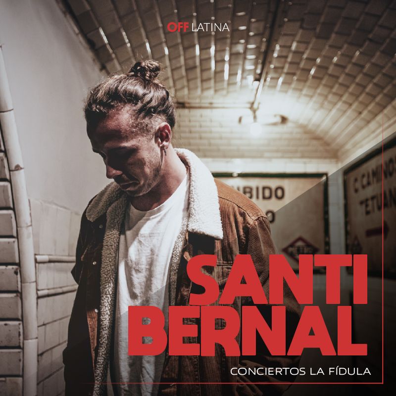cartel de Santi Bernal en concierto en off latina mostrando a Santi de perfil en los pasillos de un metro