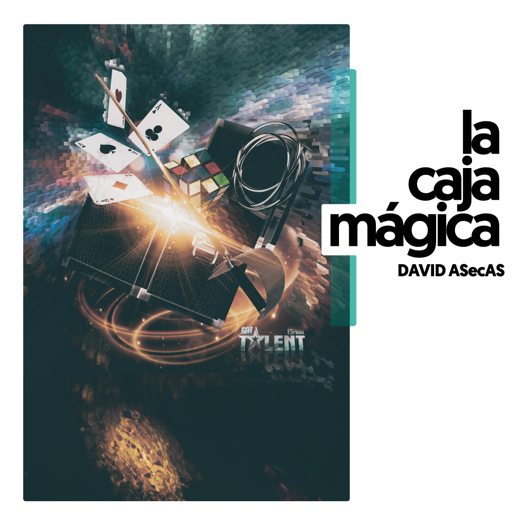 cartel de promoción del espectáculo de magia familiar la caja mágica con David ASecAS en Off latina teatro Madrid